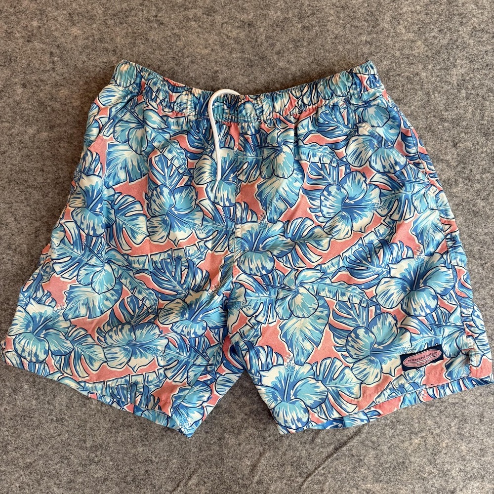 Vineyard Vines Shorts Mens Medium Blue Pink Floral Swim Trunks Mesh‎ Lined